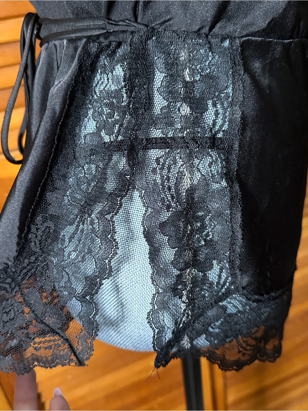 Vintage 80s Black Lace-Trim Satin Teddy Romper - Picture 4 of 11